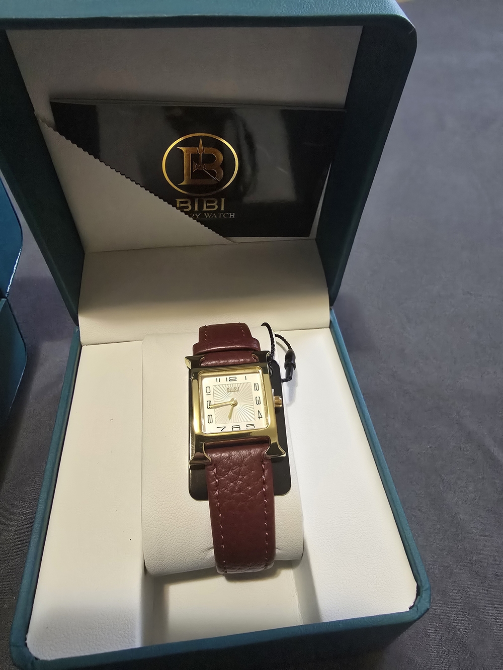 BiBi Gold-Tone Rectangular Watch with Burgundy Leather Strap
